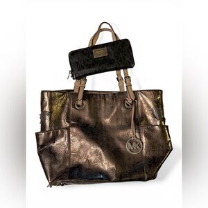 Michael Kors Metallic Bronze Tote & Signature Wallet Bundle Fixer Upper DIY